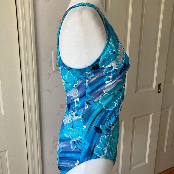 Blue Floral One Piece Bathing Suit w Keyhole Back - Picture 3 of 12